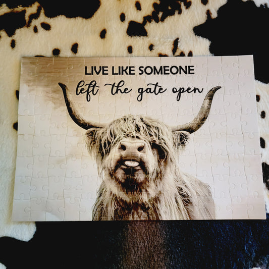 Highland Cow Gate Open 120 Piece Handmade Jigsaw Puzzle