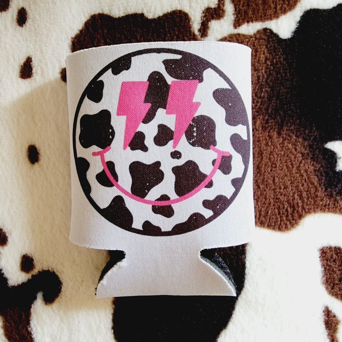 Cow Print Smiley Face Can Cooler Drink Holder Koozie