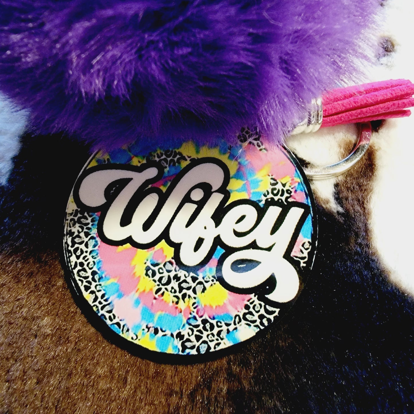 Wifey Animal Print Pom Pom Keychain