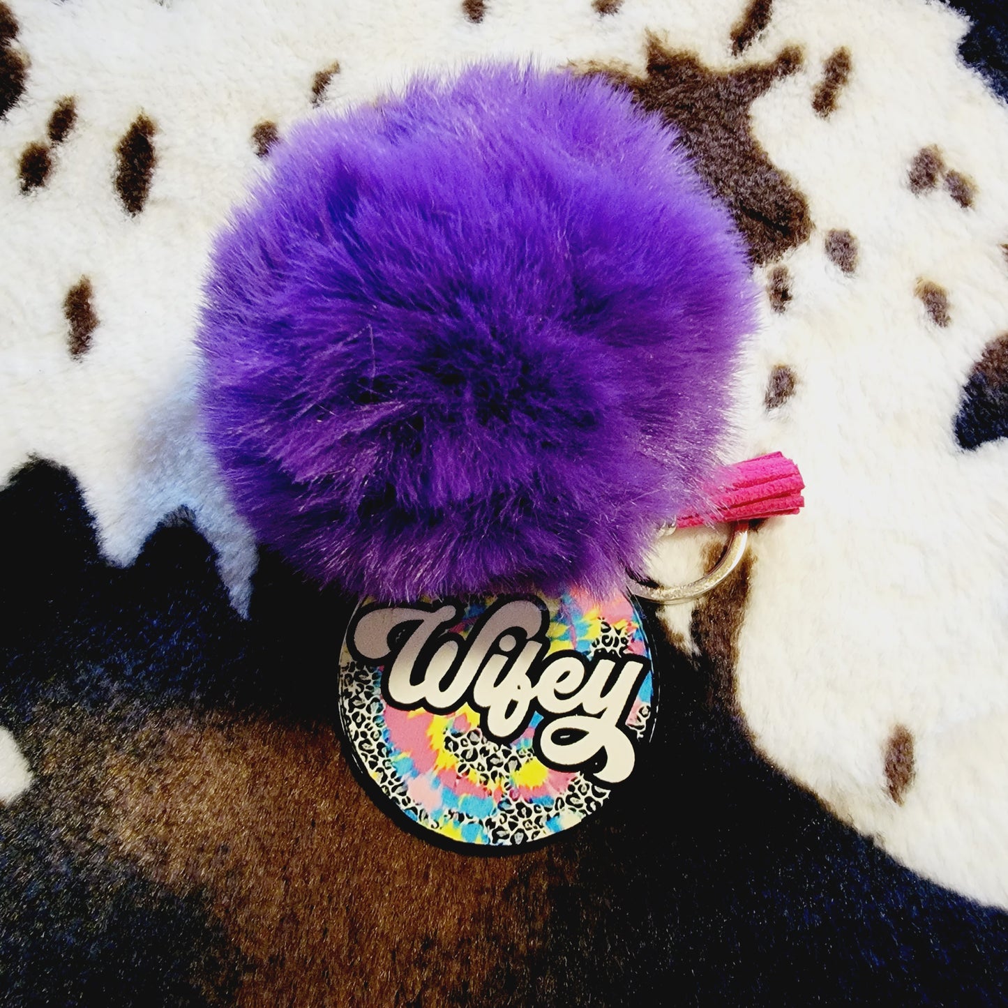 Wifey Animal Print Pom Pom Keychain