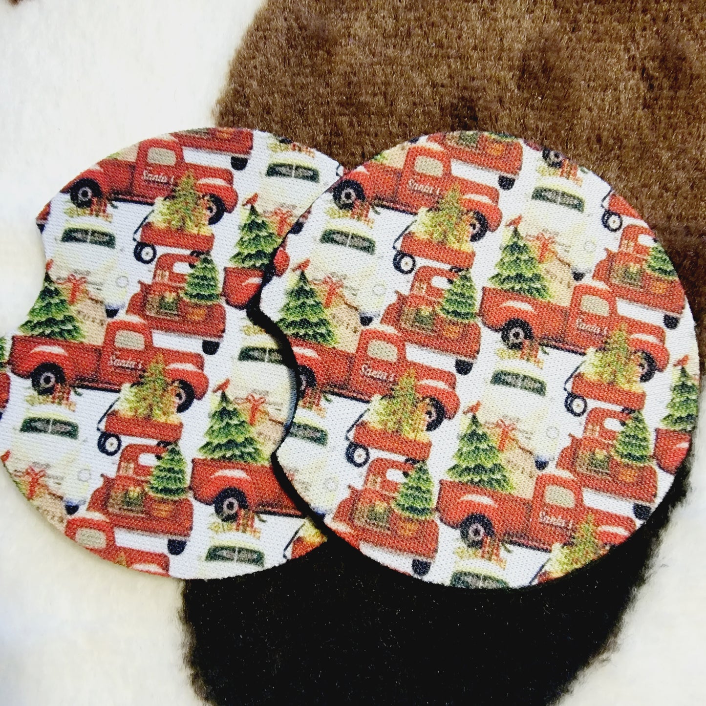 Old Red Truck Christmas Neoprene Car Coasters