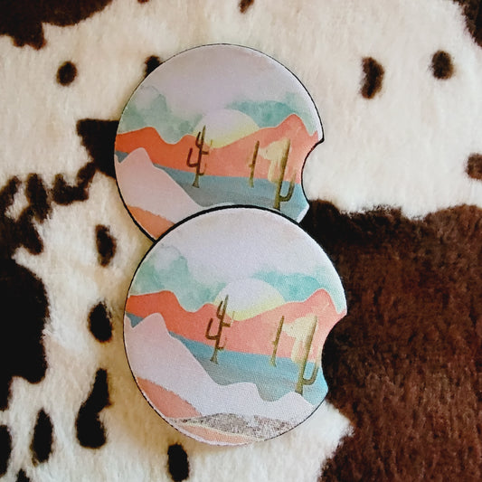 Pink Desert Scene Neoprene Car Coasters