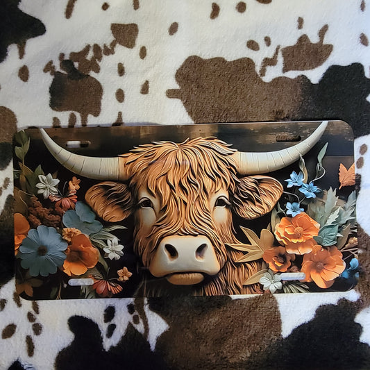 Highland Cow Floral Car Tag License Plate