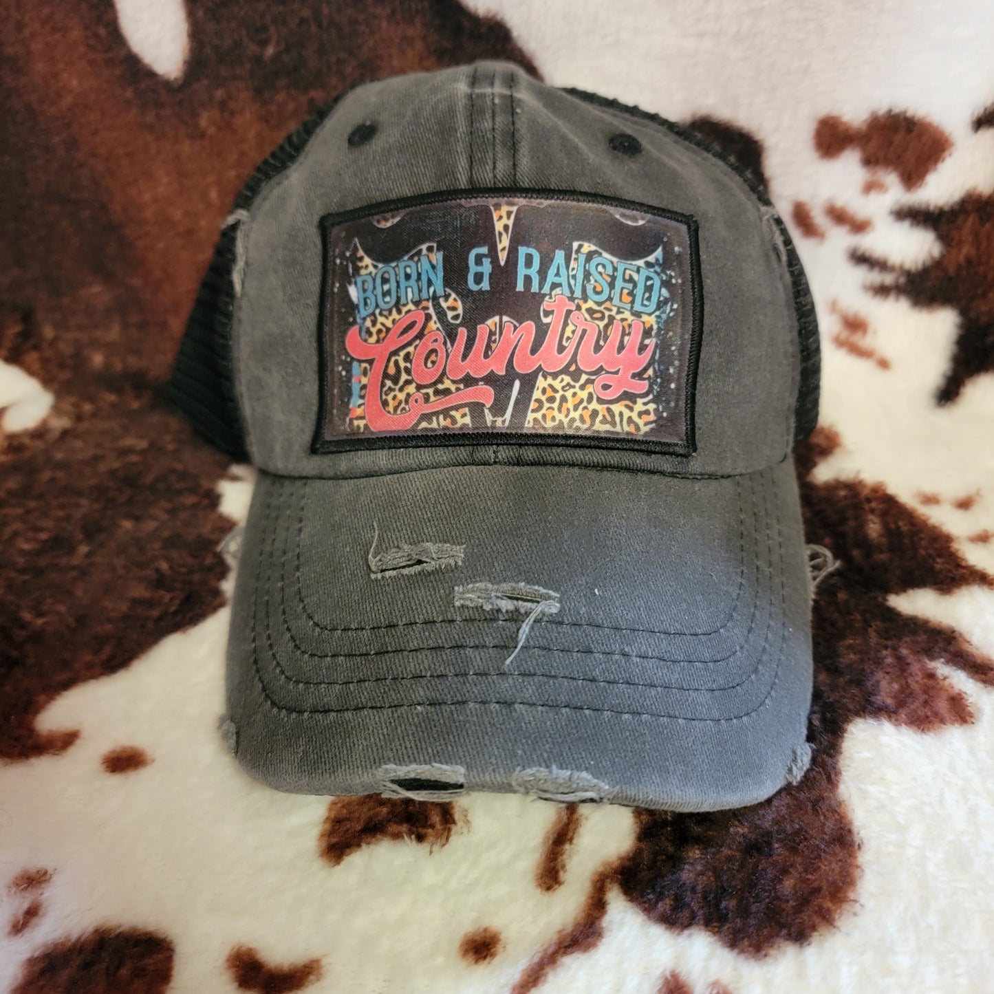 Born Country Bull Skull Distressed Patch Ponytail Hat