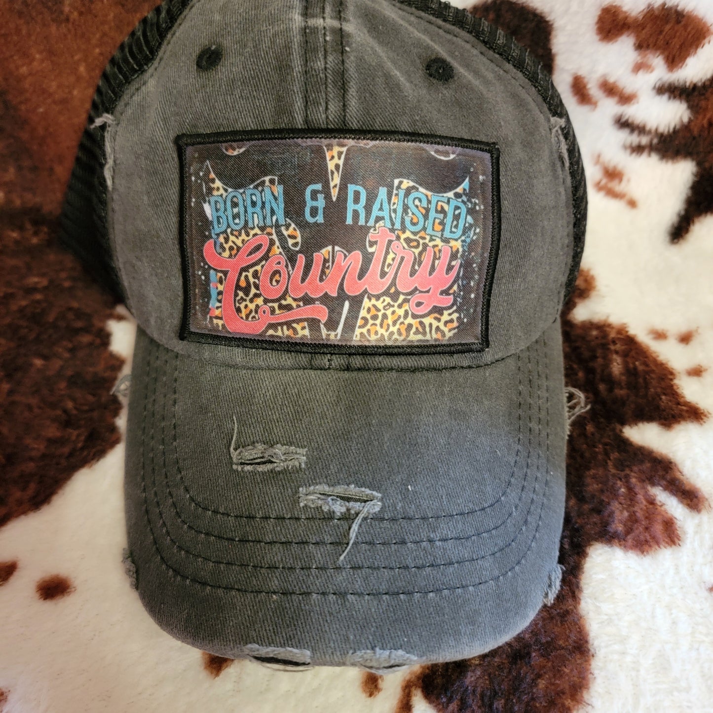 Born Country Bull Skull Distressed Patch Ponytail Hat