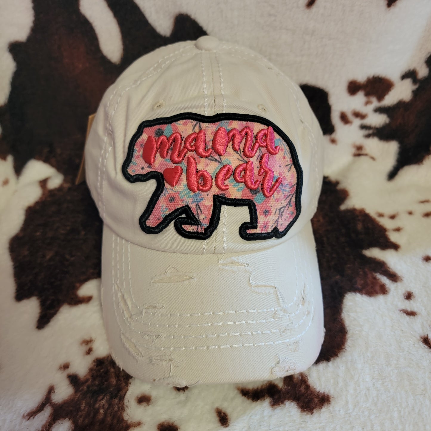 Mama Bear White Distressed Patch Hat
