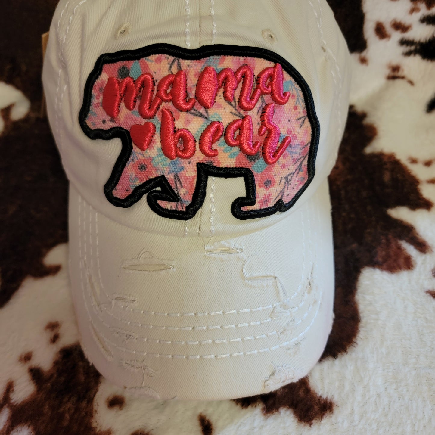 Mama Bear White Distressed Patch Hat