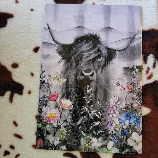 Highland Cow Floral 120 Piece Handmade Jigsaw Puzzle