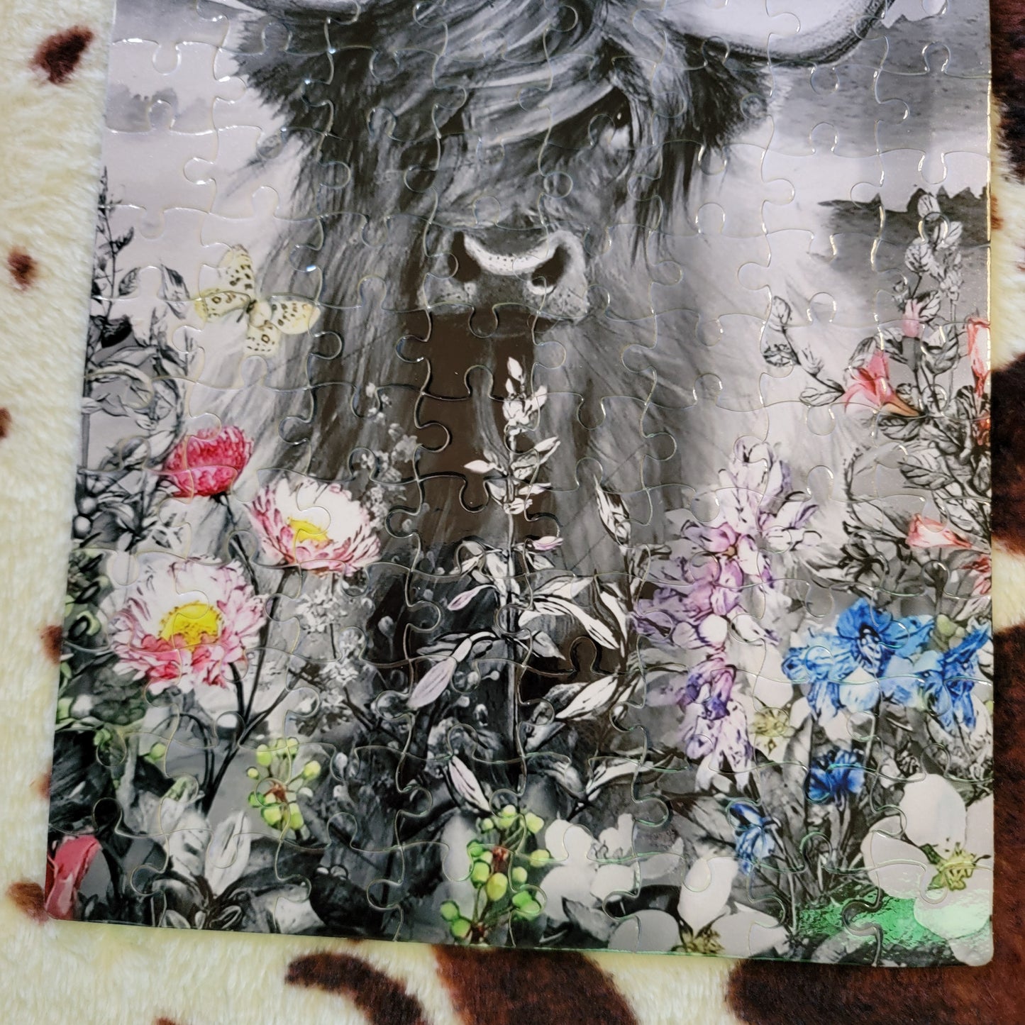 Highland Cow Floral 120 Piece Handmade Jigsaw Puzzle