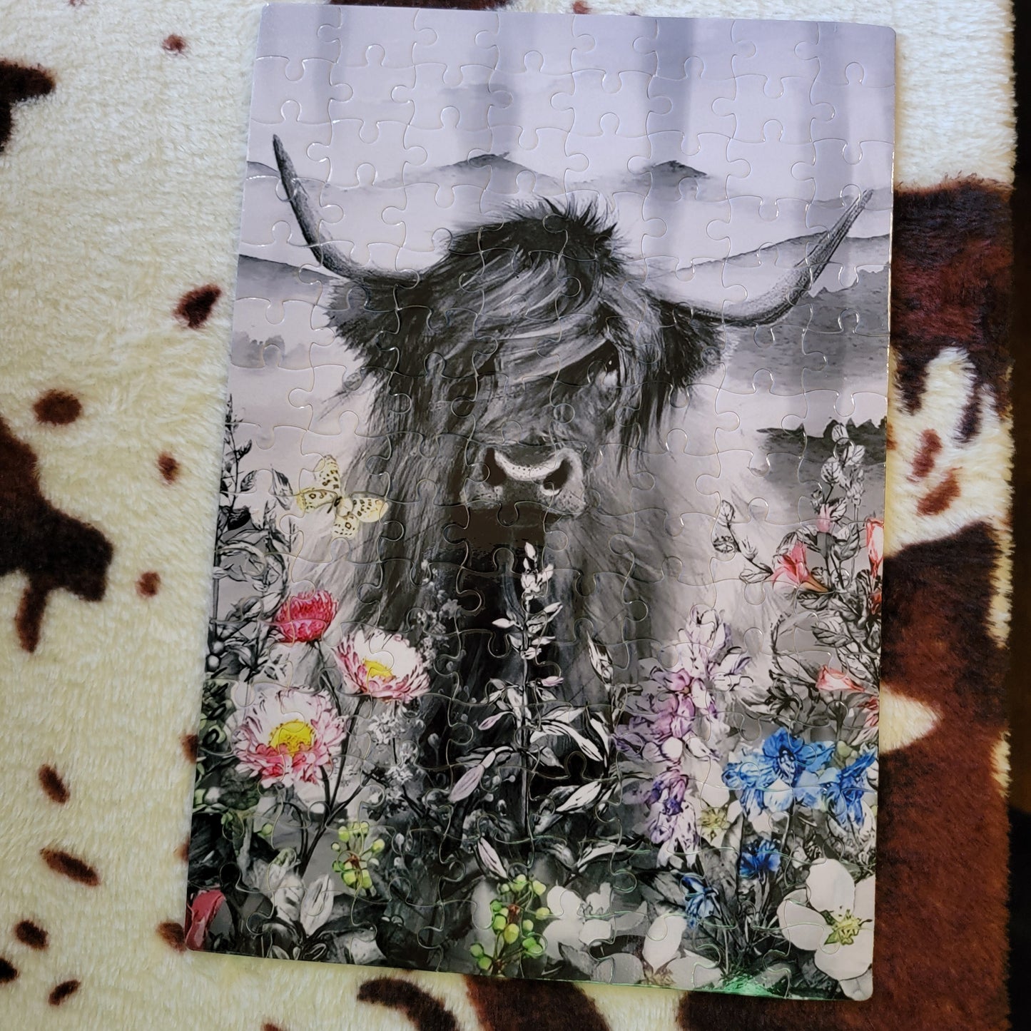 Highland Cow Floral 120 Piece Handmade Jigsaw Puzzle