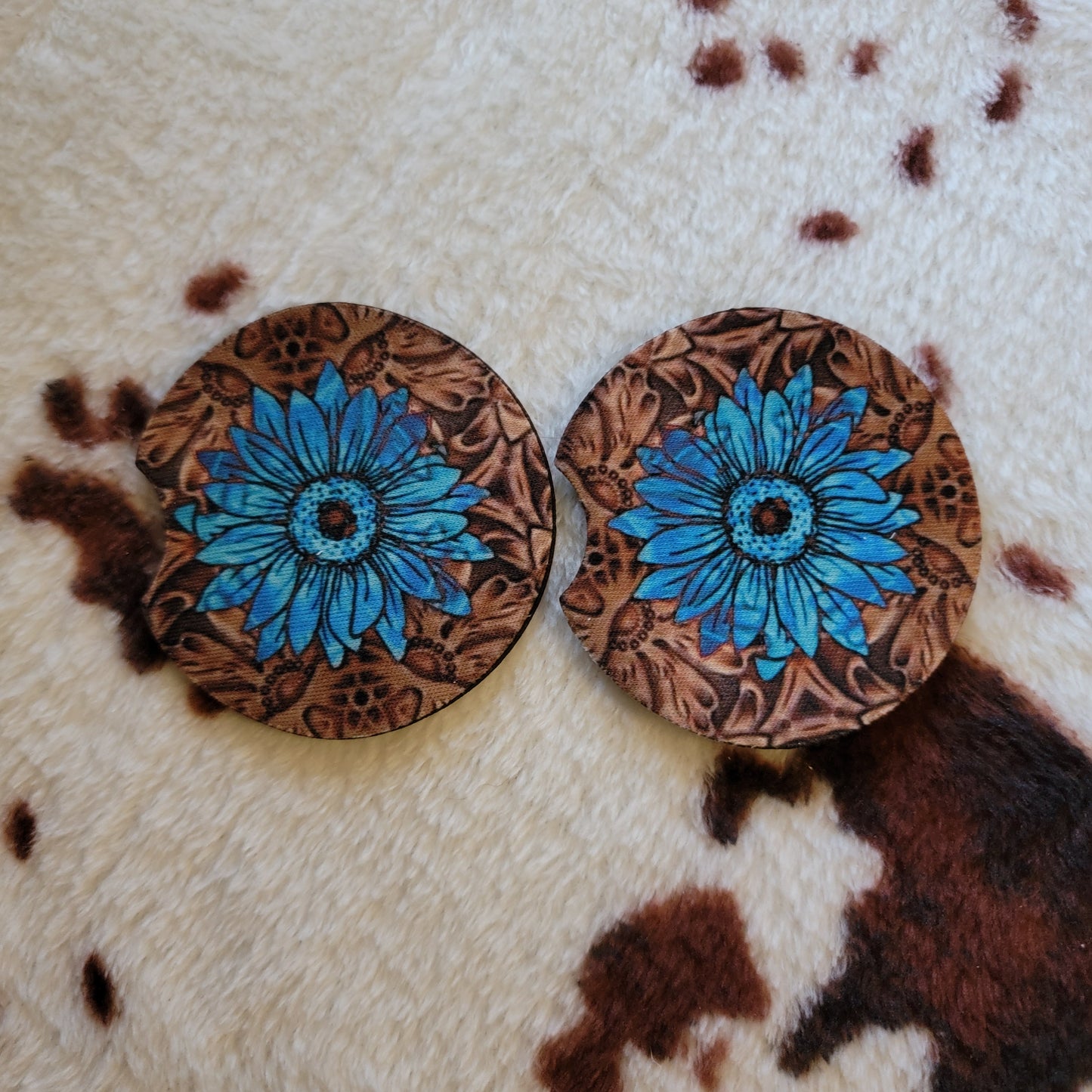 Turquoise Sunflower Neoprene Car Coaster Set