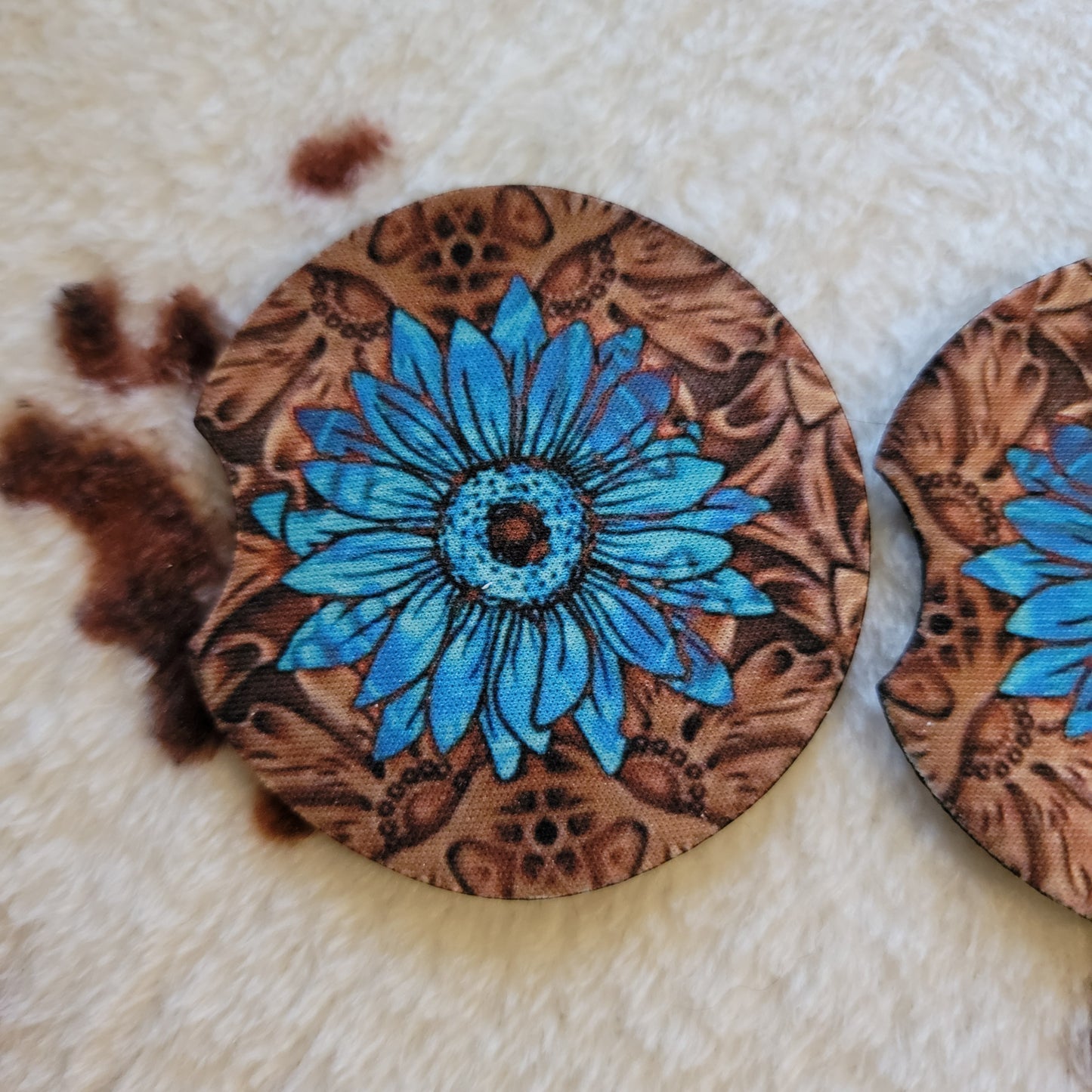 Turquoise Sunflower Neoprene Car Coaster Set