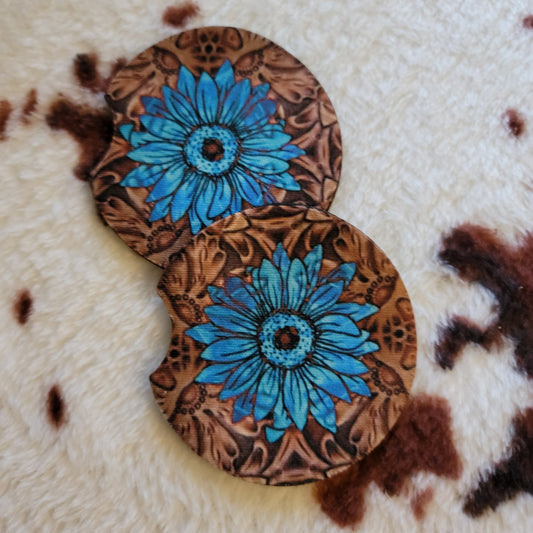 Turquoise Sunflower Neoprene Car Coaster Set
