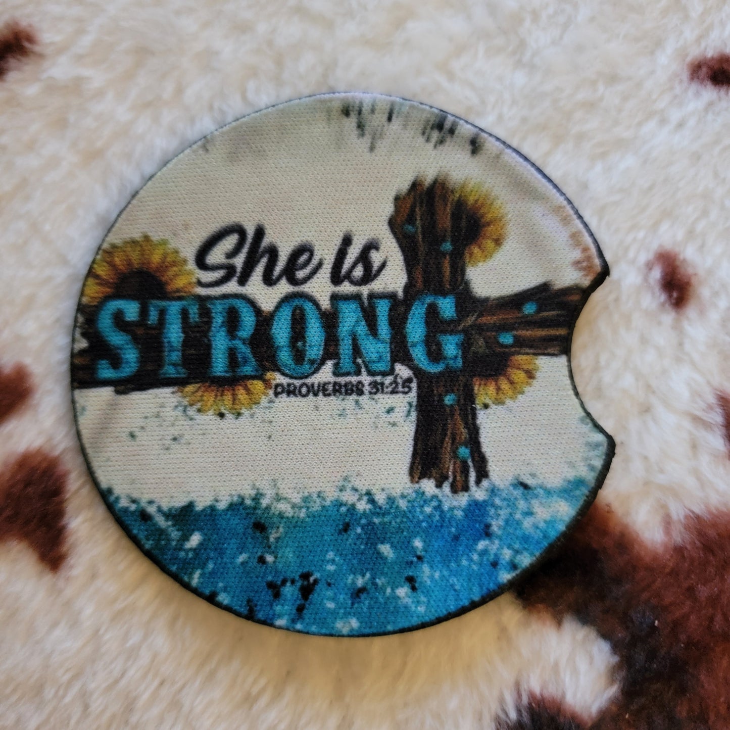She Is Strong Cross Neoprene Car Coaster Set