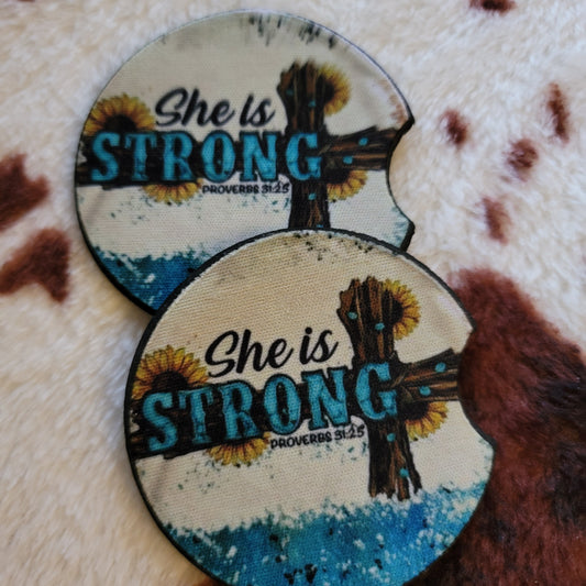 She Is Strong Cross Neoprene Car Coaster Set