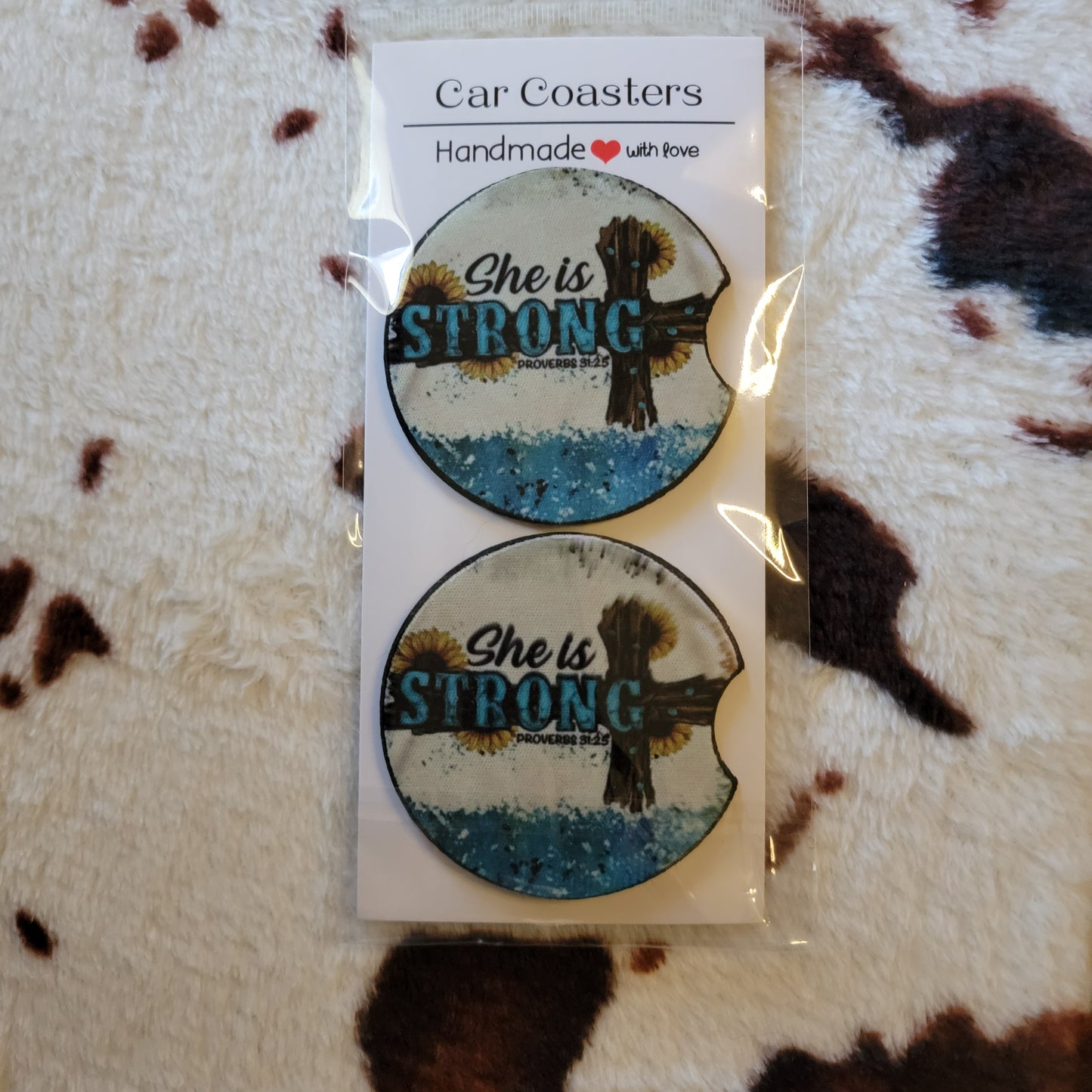 She Is Strong Cross Neoprene Car Coaster Set