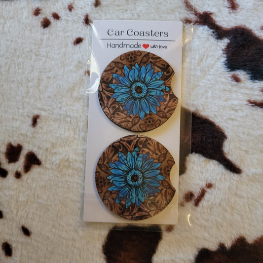 Turquoise Sunflower Neoprene Car Coaster Set