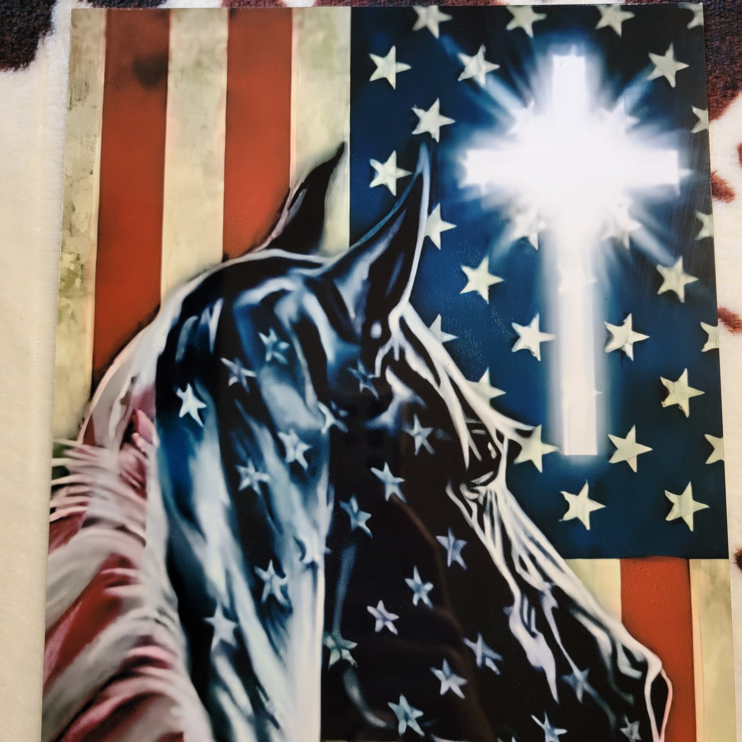 Horse American Flag Cross Metal Sign