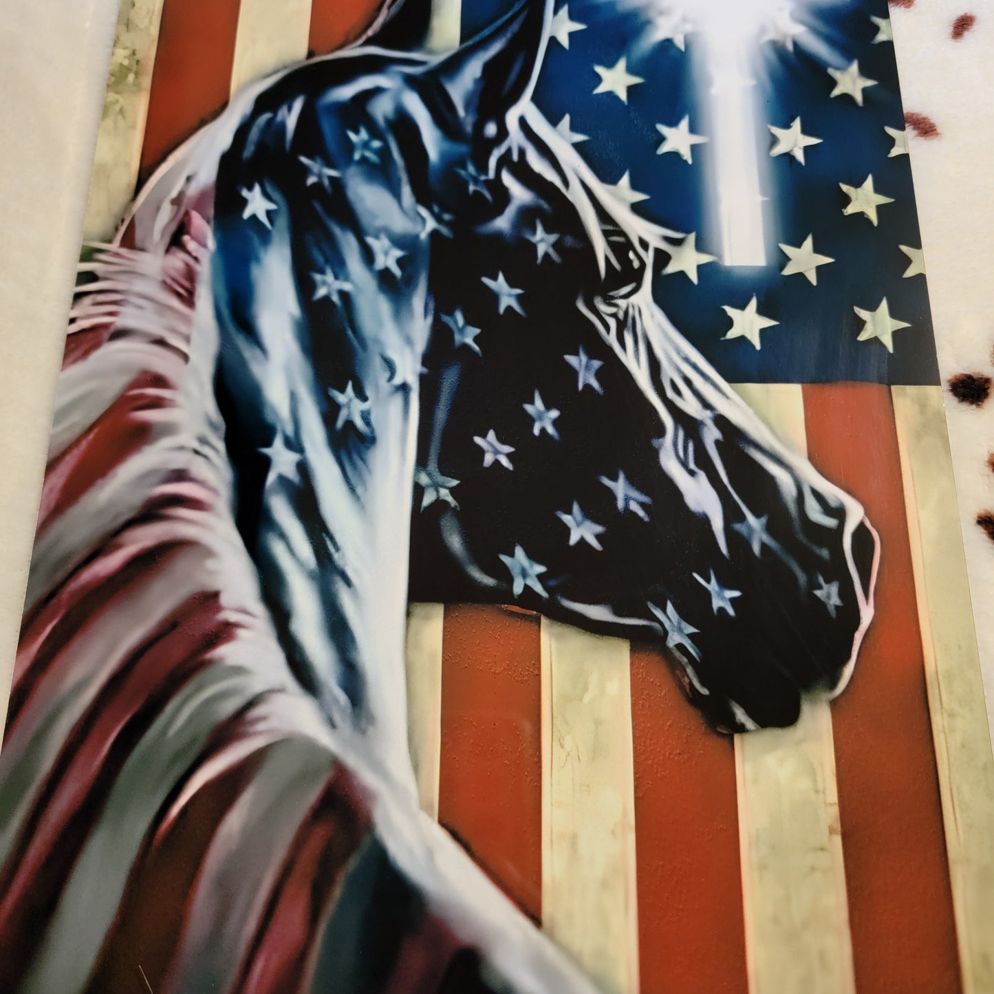 Horse American Flag Cross Metal Sign