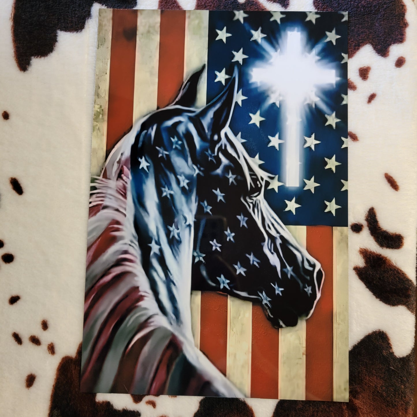 Horse American Flag Cross Metal Sign