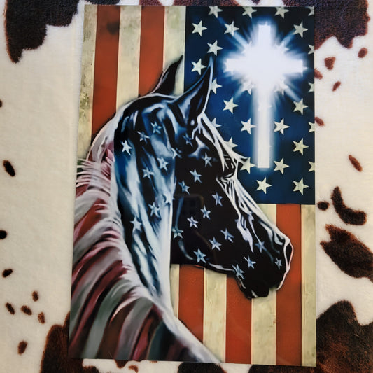 Horse American Flag Cross Metal Sign