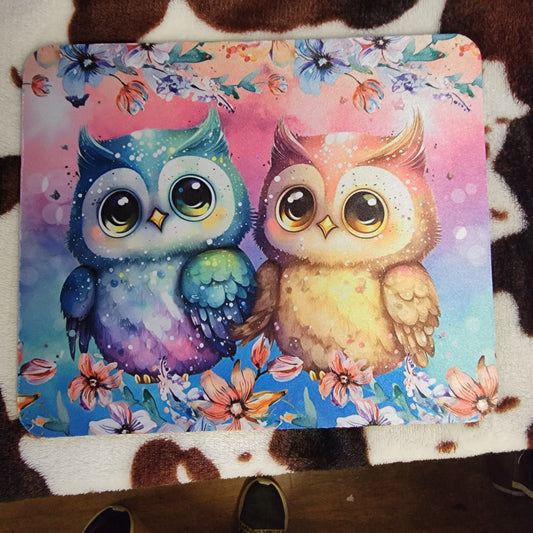 Cartoon Owls Floral Mouse Pad