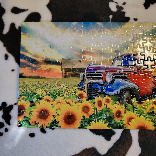 Sunflower Field Truck 120 Piece Handmade Jigsaw Puzzle