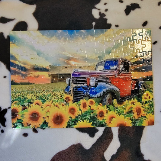 Sunflower Field Truck 120 Piece Handmade Jigsaw Puzzle