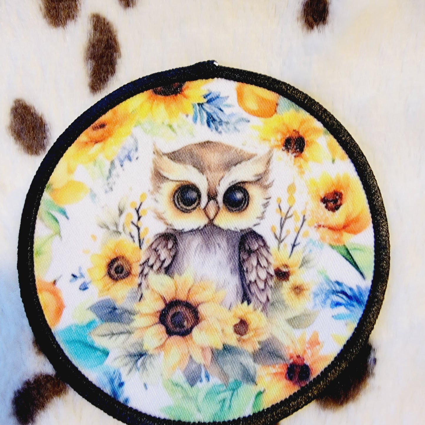 Owl Floral Sunflower Round Hat Patch