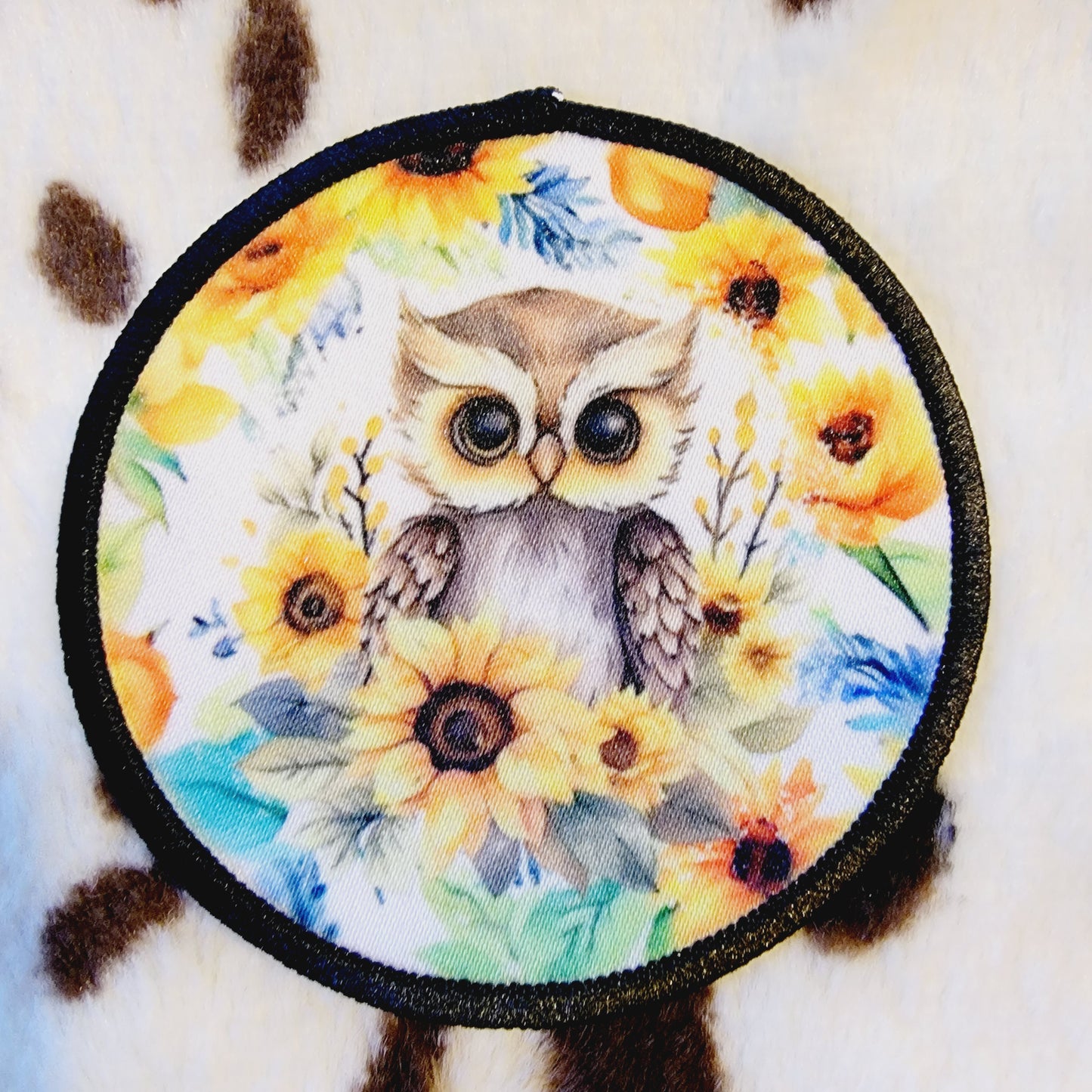 Owl Floral Sunflower Round Hat Patch