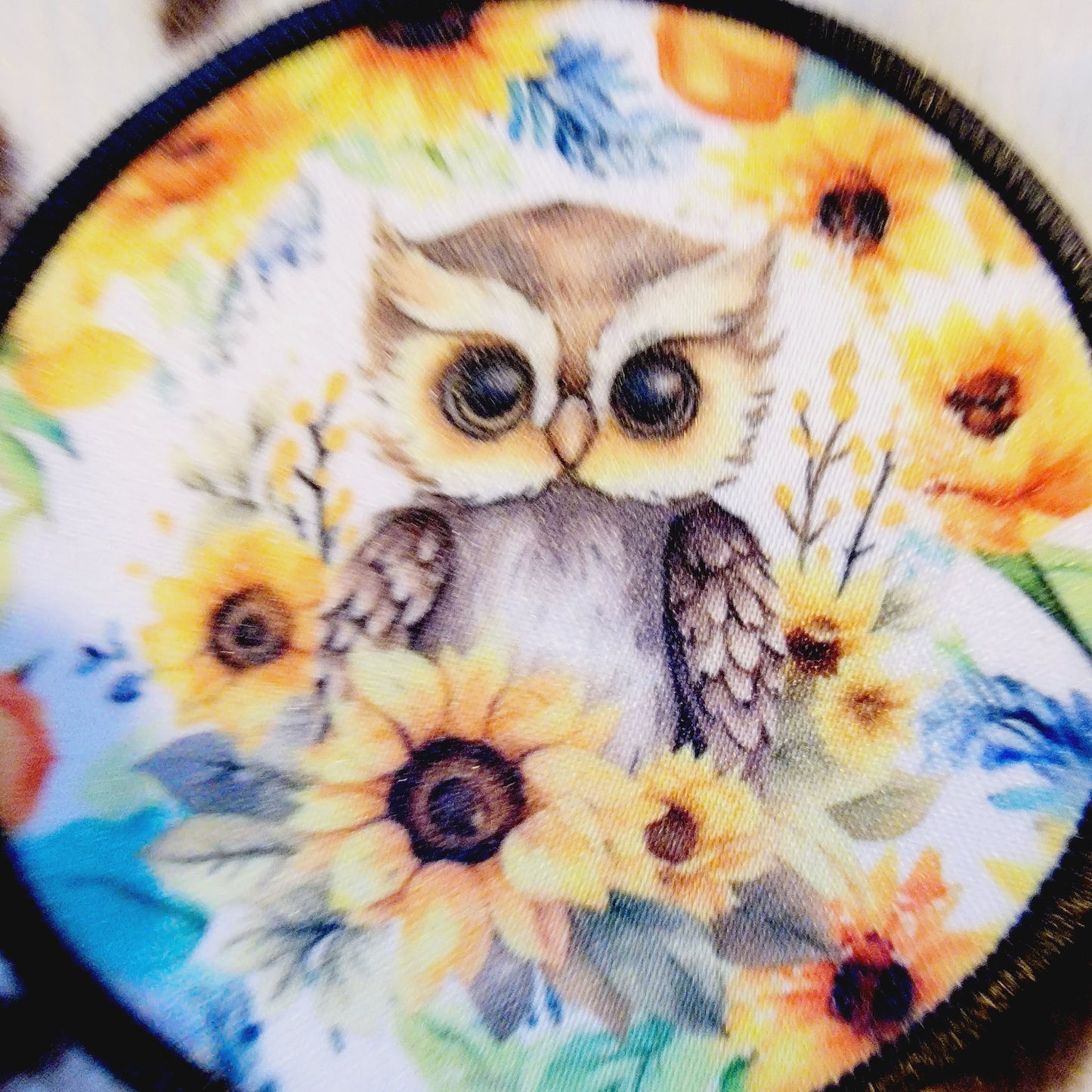 Owl Floral Sunflower Round Hat Patch