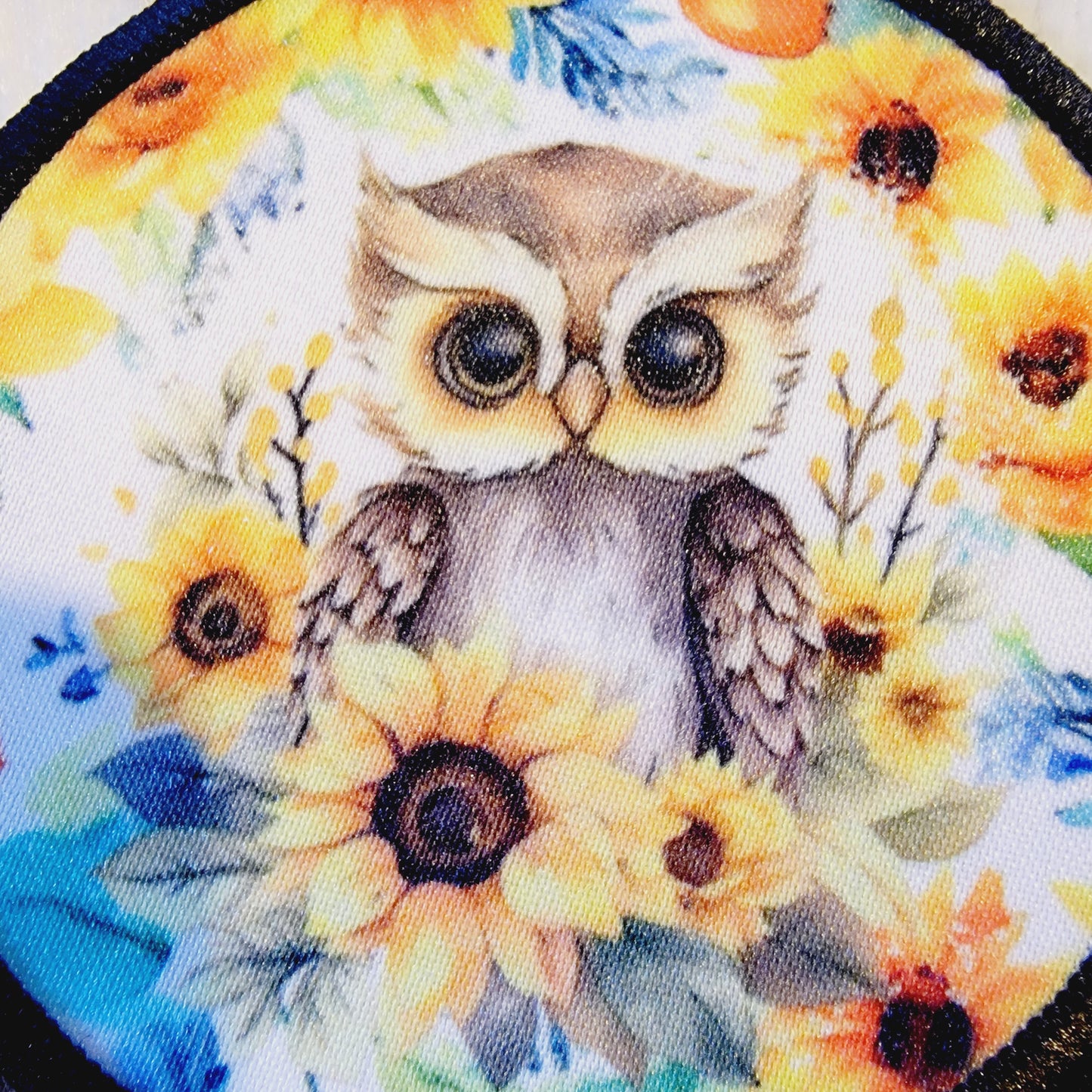 Owl Floral Sunflower Round Hat Patch