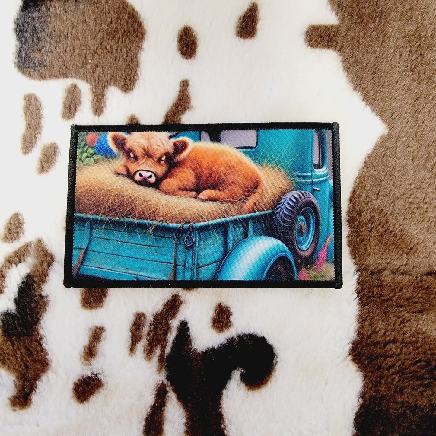 Highland Cow Old Truck Rectangle Hat Patch