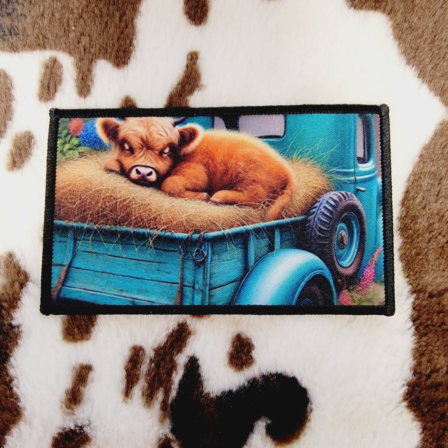 Highland Cow Old Truck Rectangle Hat Patch