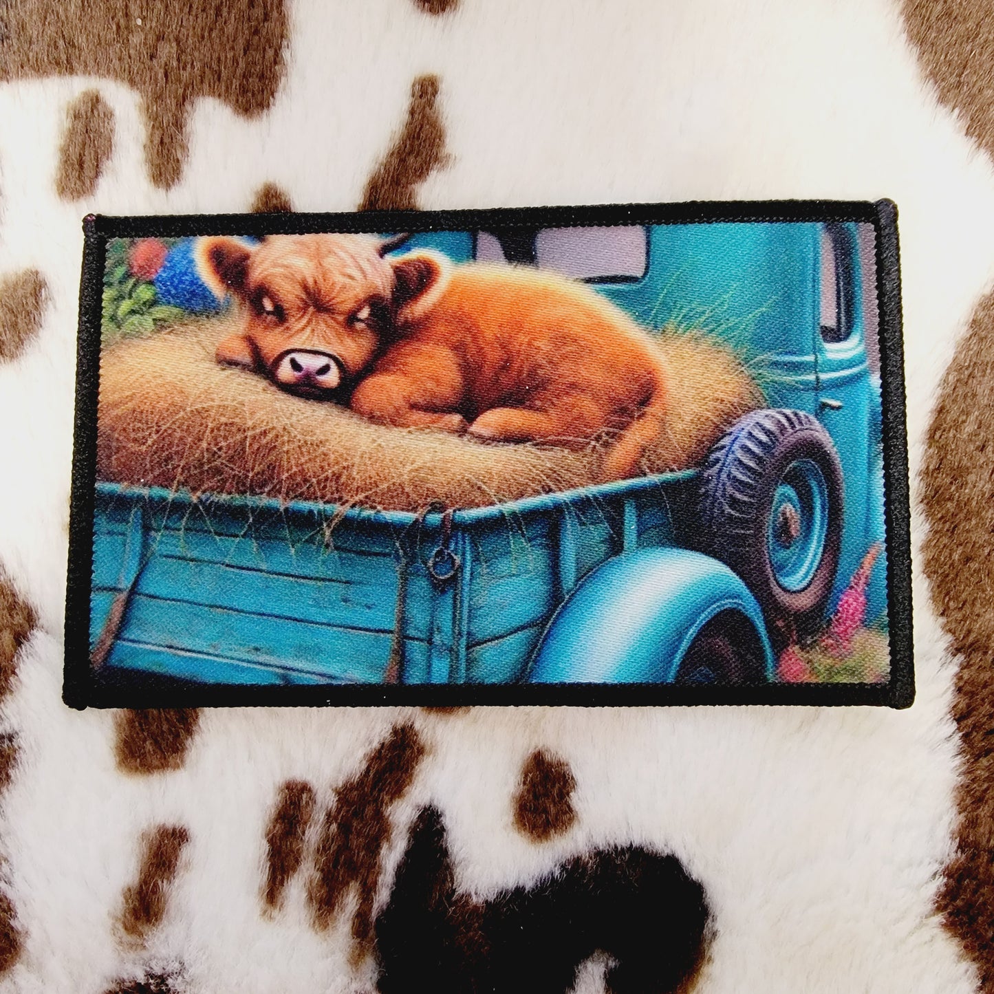 Highland Cow Old Truck Rectangle Hat Patch