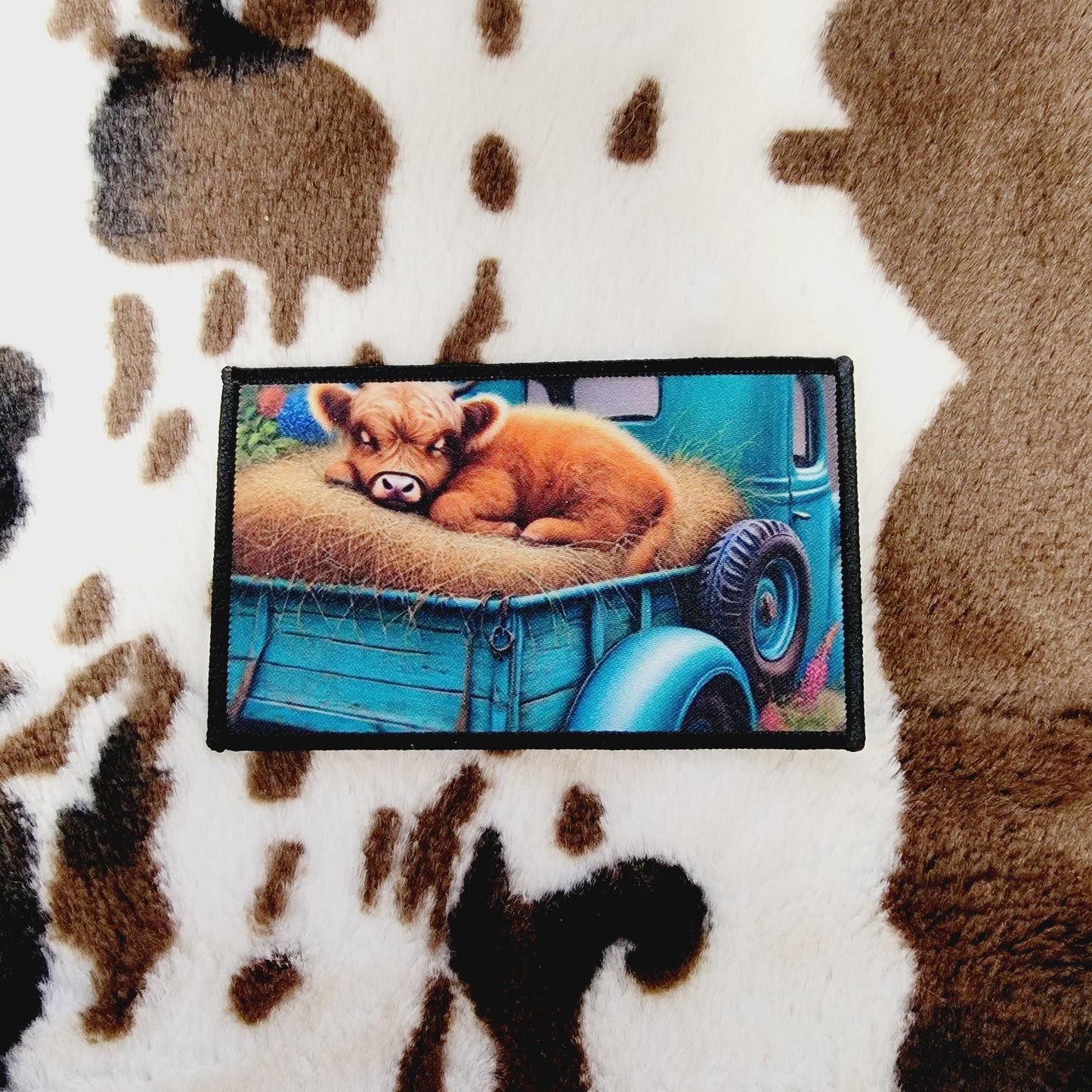 Highland Cow Old Truck Rectangle Hat Patch