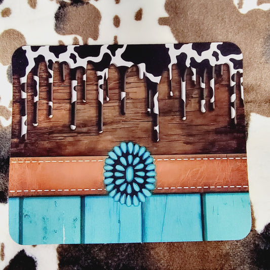Western Turquoise Cow Print Computer Mouse Pad