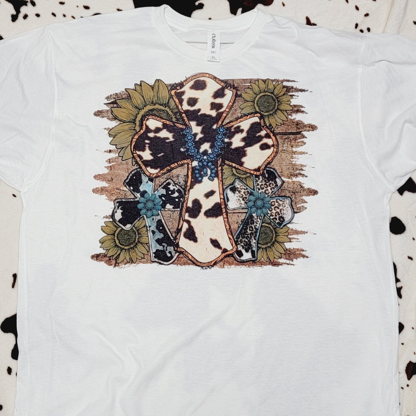 Western Cow Print Cross White Short Sleeve Graphic Tee