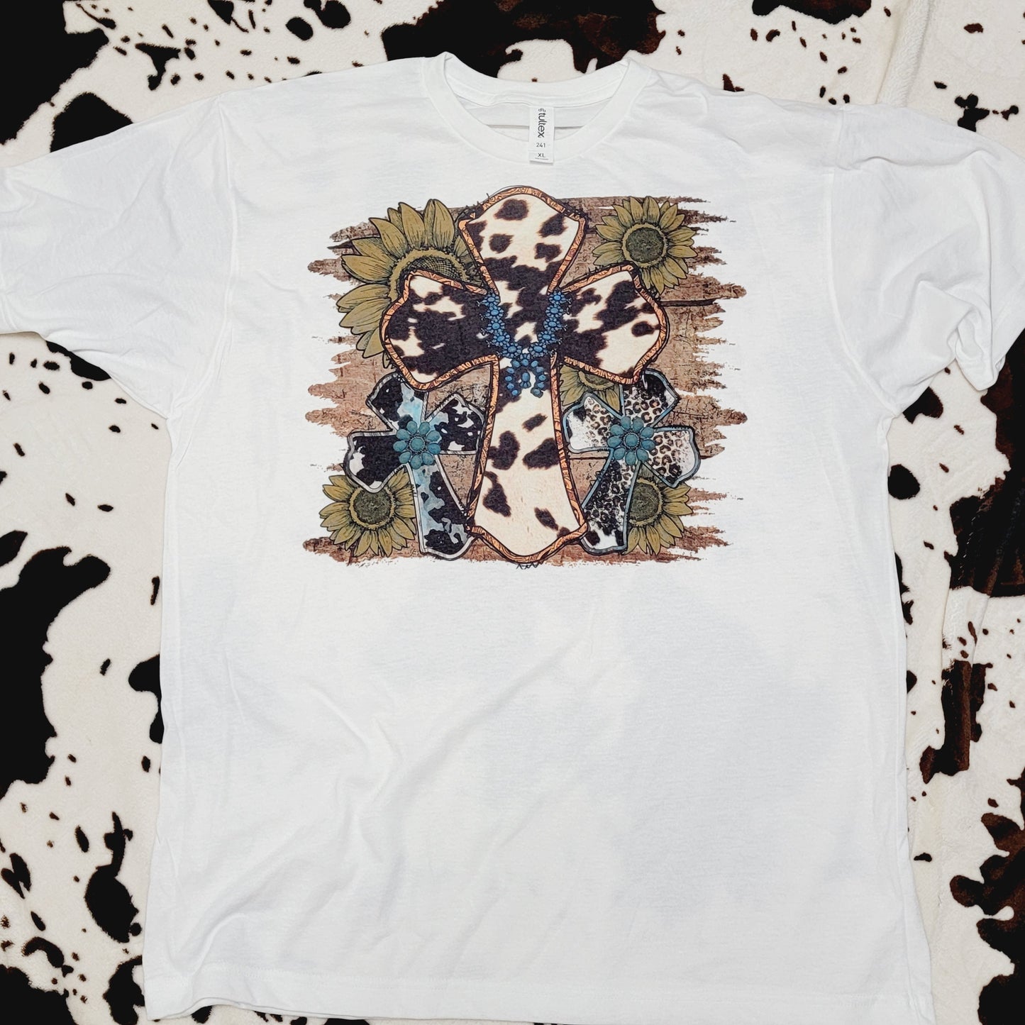 Western Cow Print Cross White Short Sleeve Graphic Tee