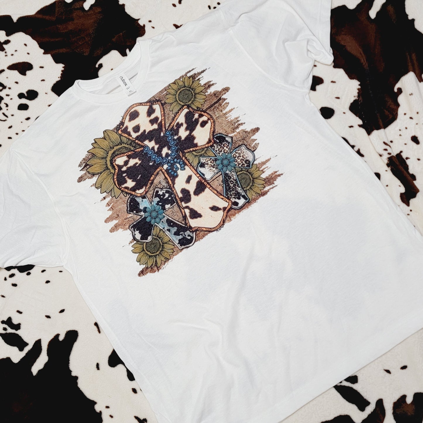 Western Cow Print Cross White Short Sleeve Graphic Tee