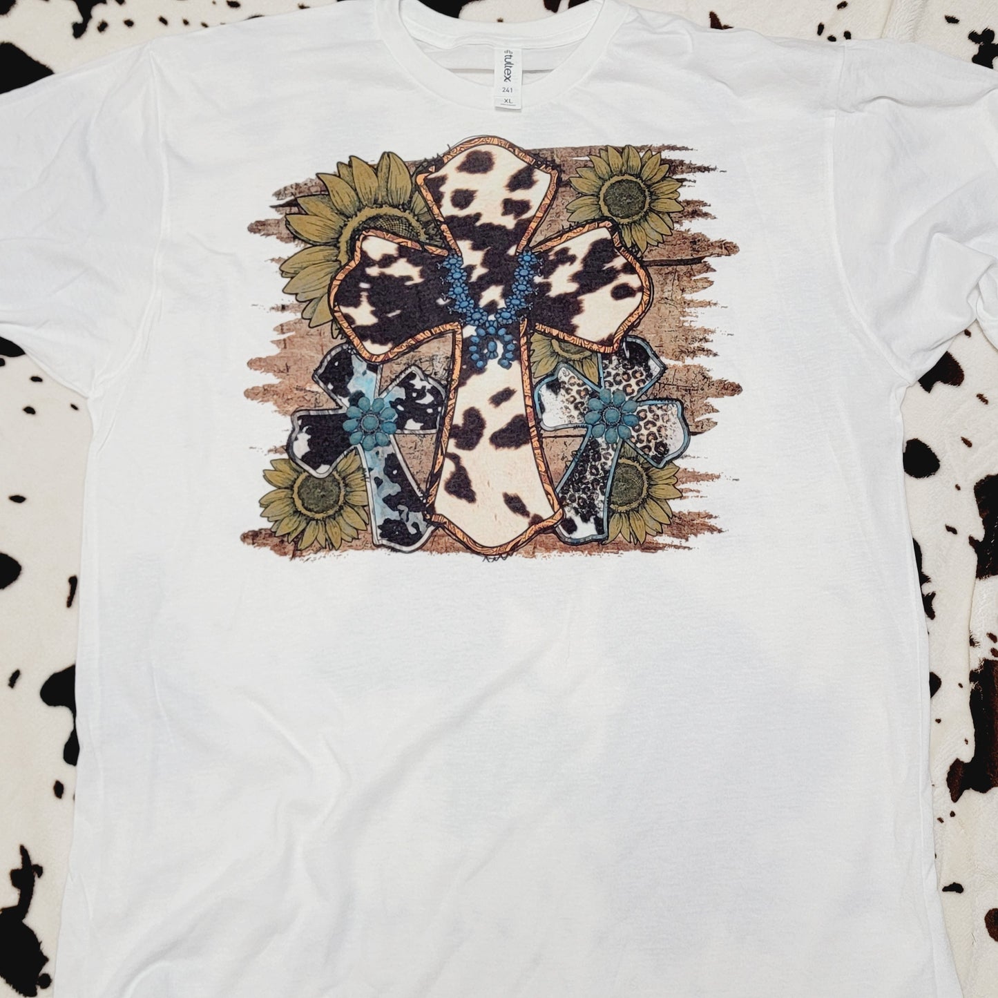 Western Cow Print Cross White Short Sleeve Graphic Tee