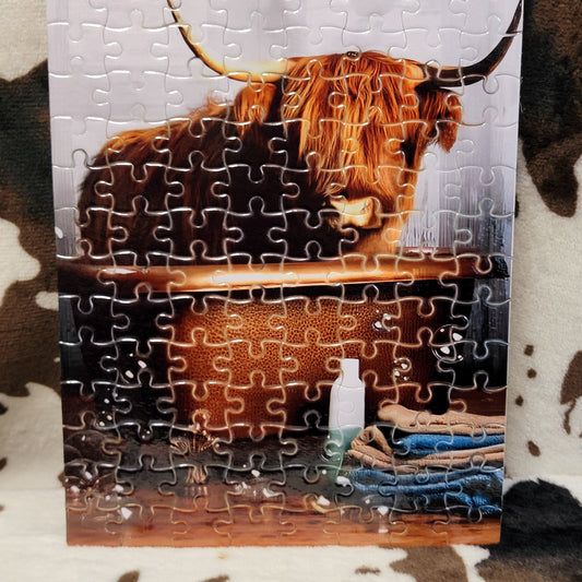 Highland Cow In The Tub 120 Piece Handmade Jigsaw Puzzle