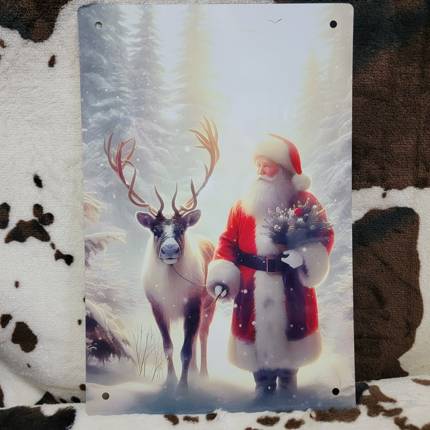 Santa and Reindeer Christmas Metal Sign