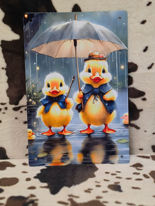 Ducks In The Rain Metal Sign