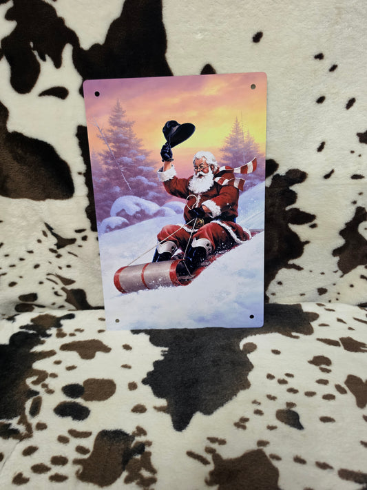 Christmas Sledding Santa Metal Sign