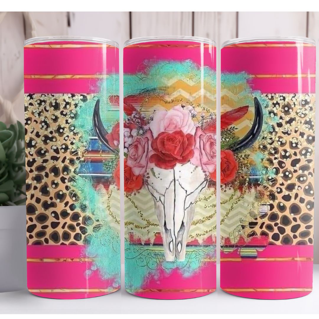 Pink Bull Skull Western Custom 20oz Skinny Tumbler