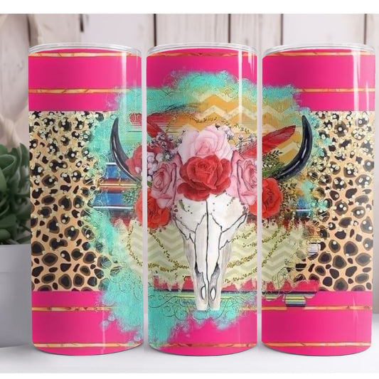 Pink Bull Skull Western Custom 20oz Skinny Tumbler