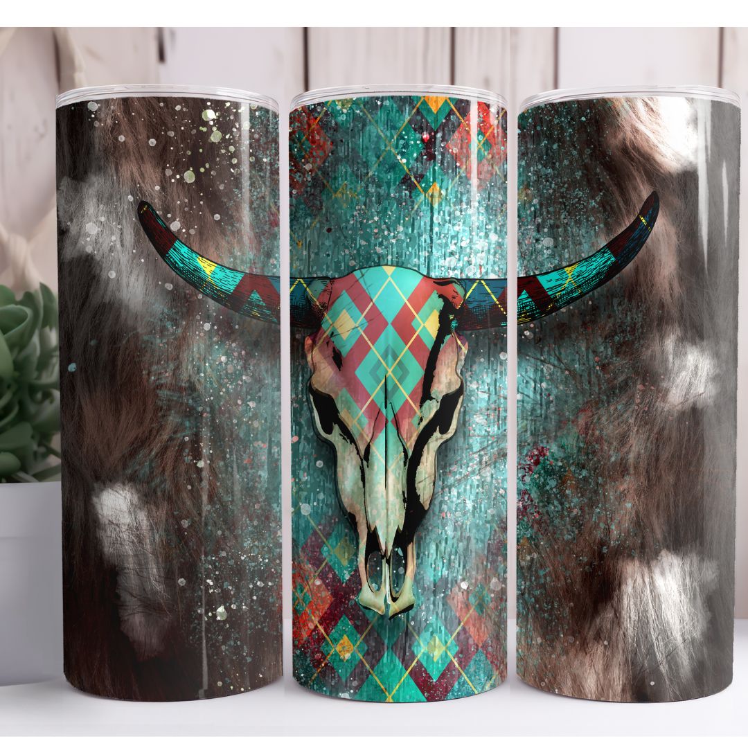 Bull Skull Western Cow Print 20oz Skinny Tumbler