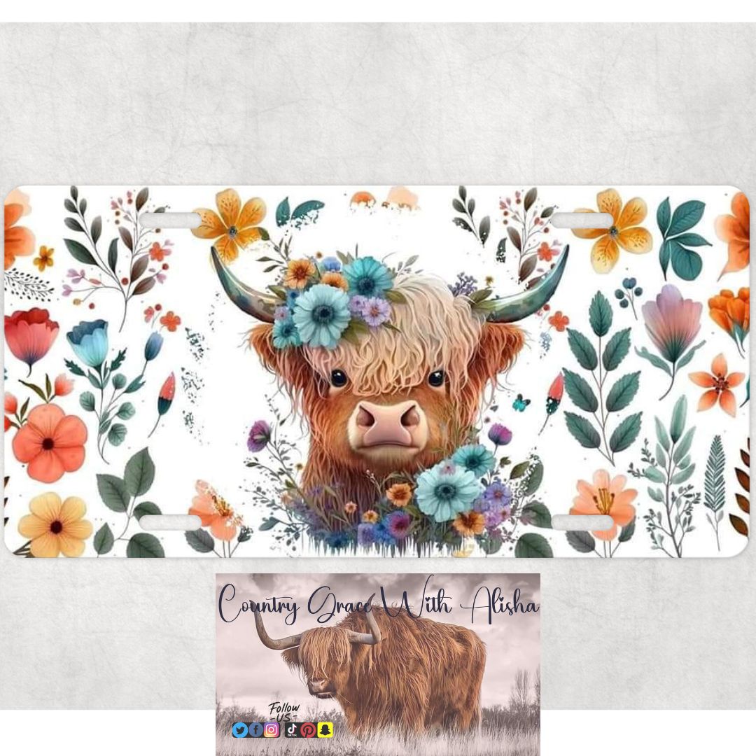 Highland Cow Floral Custom Car Tag License Plate