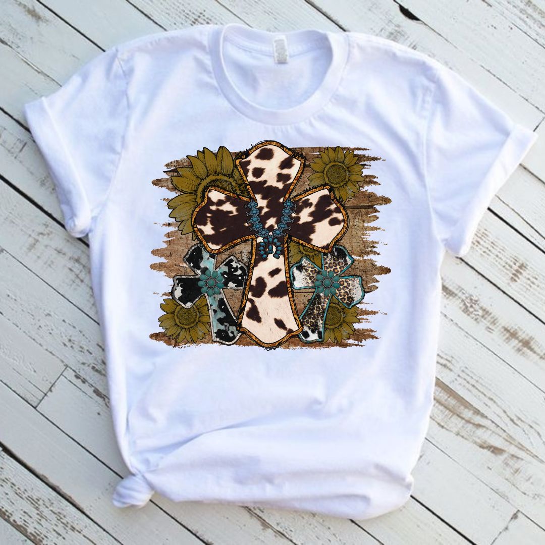 Western Cow Print Cross White Short Sleeve Graphic Tee